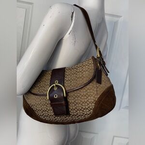 Coach Tan Signature Canvas Shoulder Bag with Dark Brown Leather & Gold Hardware